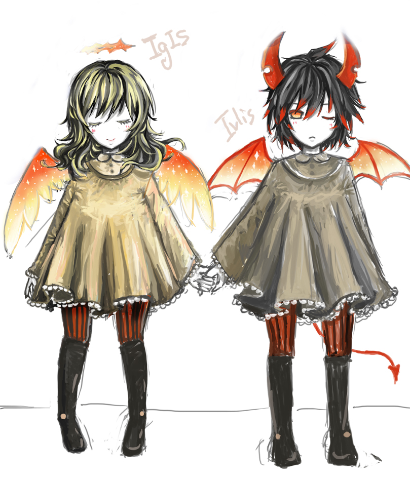 1boy, 1girl, angel_wings, black_hair, blonde_hair, blush, boots, brother_and_sister