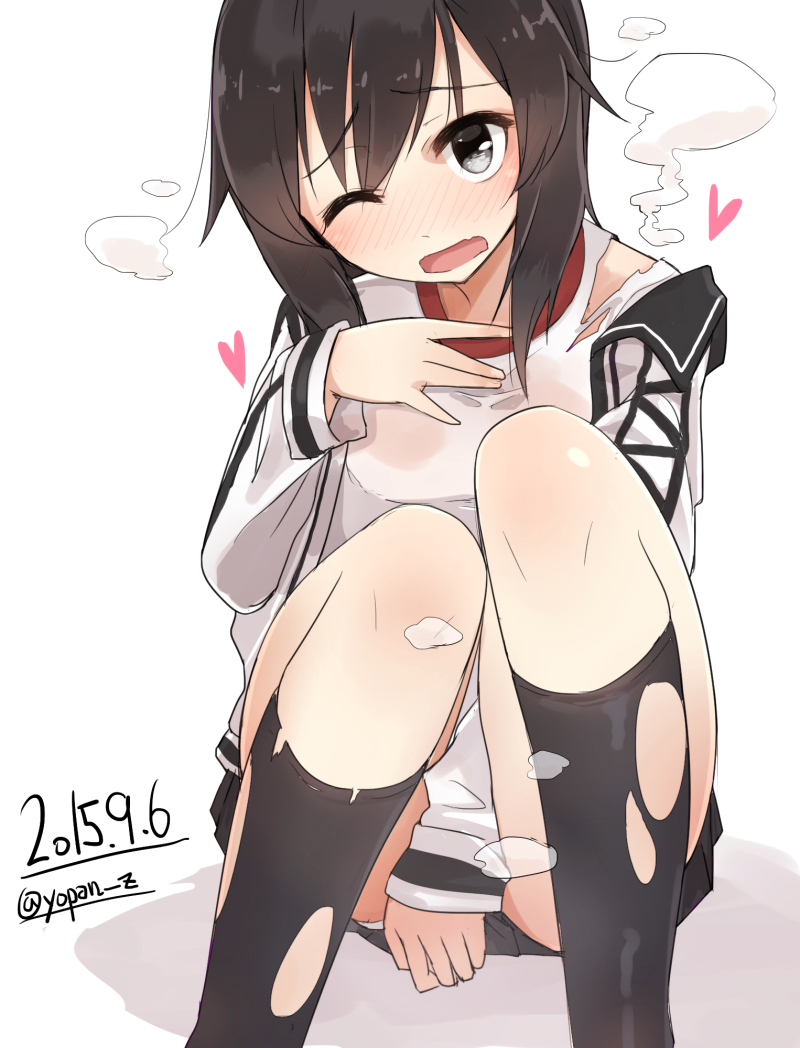 1girl, between_legs, black_hair, black_legwear, black_skirt, blush, dated, grey_eyes
