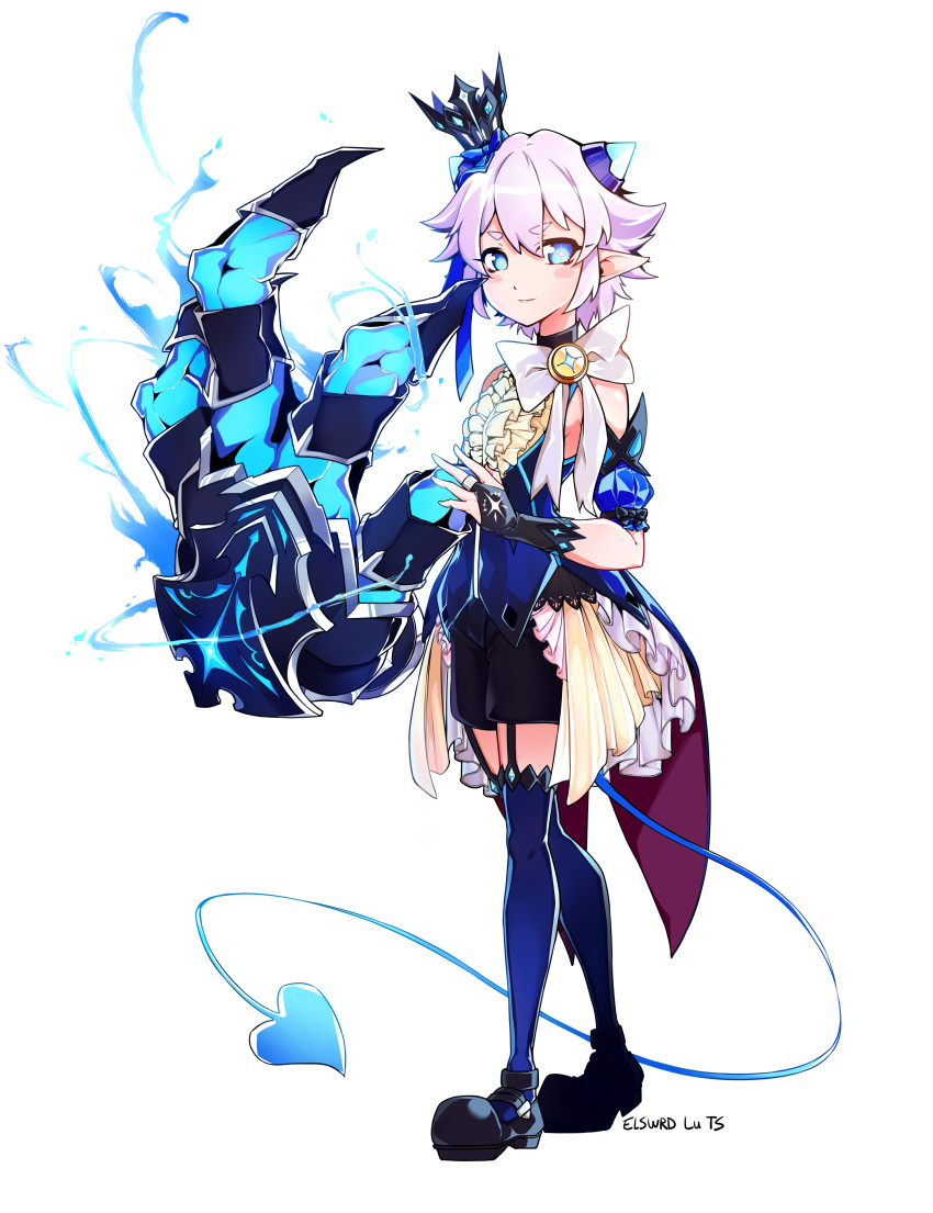 1boy, absurdres, black_shoes, blue_eyes, blue_legwear, bow, bridal_gauntlets, brooch, character_name, claws, copyright_name, crown, demon_power_(elsword), demon_tail, elsword, frills, genderswap, highres, horns, jewelry, luciela_r._sourcream, male_focus, pointy_ears, quai_(hbee), shoes, shorts, smile, solo, standing, tail, thigh-highs, thigh_strap, white_background, white_bow, white_hair