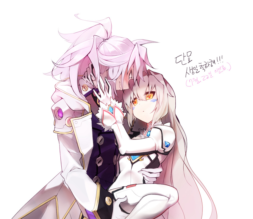 1boy, 1girl, add_(elsword), blush, carrying, coat, code:_battle_seraph_(elsword), couple, elsword, eve_(elsword), facial_mark, gem, gloves, hetero, highres, korean, long_hair, mastermind_(elsword), ponytail, quai_(hbee), sweat, tattoo, thigh-highs, translation_request, wavy_mouth, white_background, white_gloves, white_hair, white_legwear, yellow_eyes