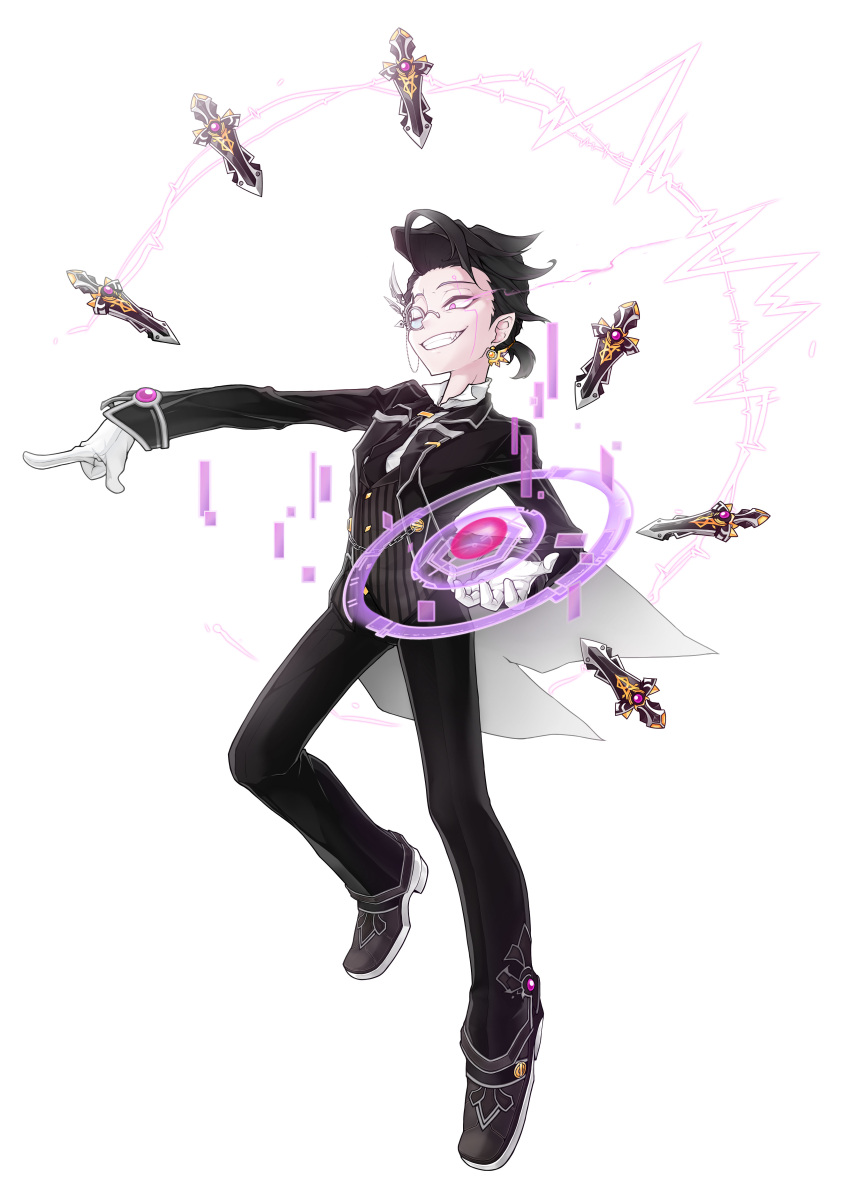 1boy, absurdres, add_(elsword), alternate_costume, alternate_hair_color, alternate_hairstyle, black_hair, black_necktie, black_pants, black_shoes, butler, dagger, earrings, elsword, facial_mark, formal, gloves, grin, highres, jewelry, male_focus, monocle, one_eye_closed, pants, pointing, pointy_ears, ponytail, quai_(hbee), shoes, smile, solo, suit, tattoo, violet_eyes, weapon, white_background, white_gloves