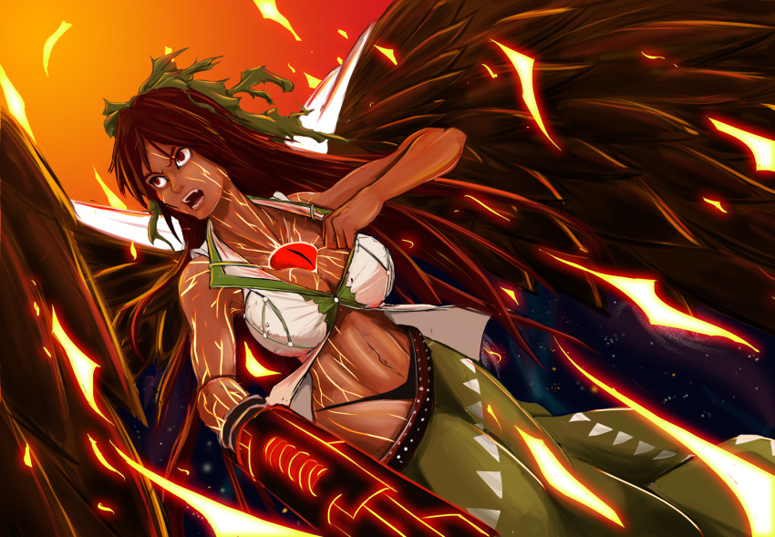1girl, arm_cannon, black_panties, bow, breasts, brown_hair, brown_wings, cape, cleavage, curvy, dark_skin, embers, fangs, feathered_wings, foreshortening, green_skirt, hair_bow, highleg, highleg_panties, hygnir, long_hair, long_skirt, looking_up, nose, open_mouth, orange_sky, panties, red_eyes, reiuji_utsuho, shirt_pull, skirt, skirt_down, sky, slit_pupils, solo, space, tagme, teeth, thighs, third_eye, toned, tongue, touhou, underwear, very_long_hair, weapon, wings