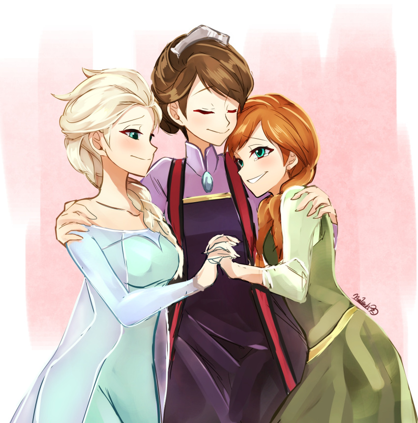 3girls, anna_(frozen), braid, elsa_(frozen), family, frozen_(disney), happy, highres, hug, idunn_(frozen), interlocked_fingers, maianh, mother_and_daughter, multiple_girls, siblings, sisters