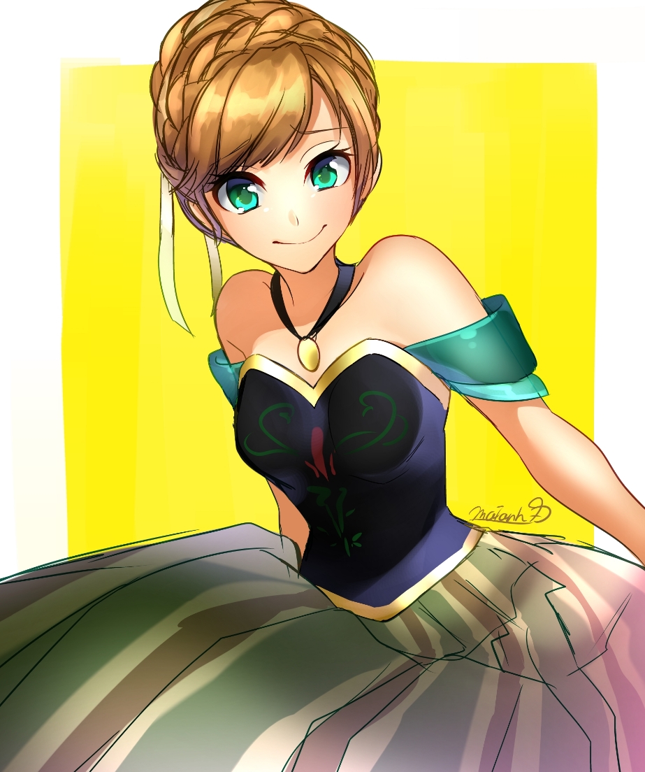 1girl, anna_(frozen), dress, frozen_(disney), hair_up, maianh, orange_hair, solo