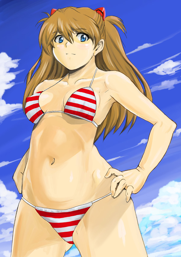 bare_shoulders, bikini, blue_eyes, brown_hair, funky-harem, hands_on_hips, long_hair, neon_genesis_evangelion