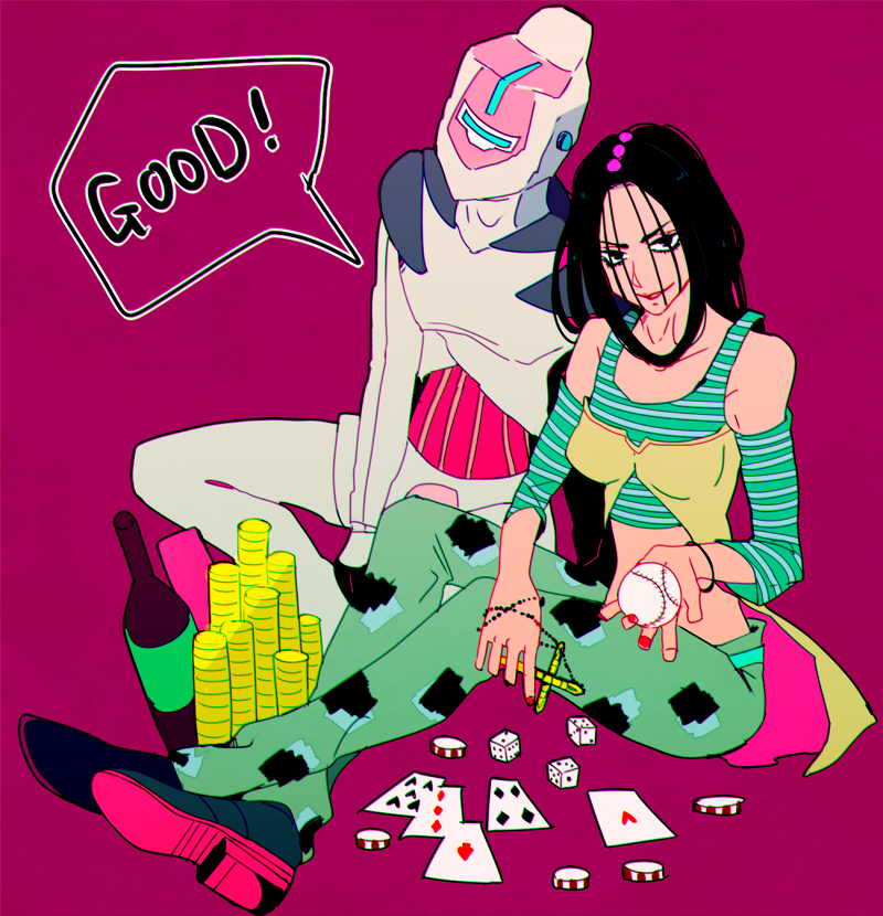 2girls, baseball, black_hair, card, cross, dice, hair_over_eyes, jojo_no_kimyou_na_bouken