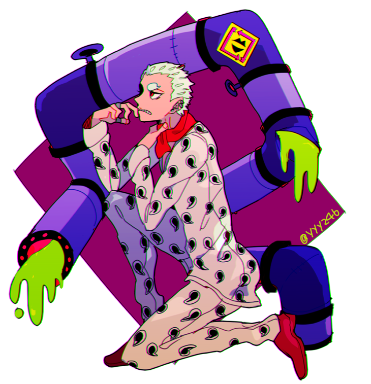 1boy, eyebrows, jojo_no_kimyou_na_bouken, red_eyes, solo, sports_max, white_hair, yyy246