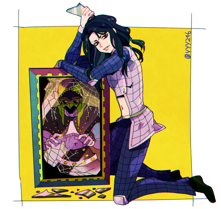 2boys, black_hair, broken_glass, glass, illuso, jojo_no_kimyou_na_bouken, man_in_the_mirror_(stand), mirror
