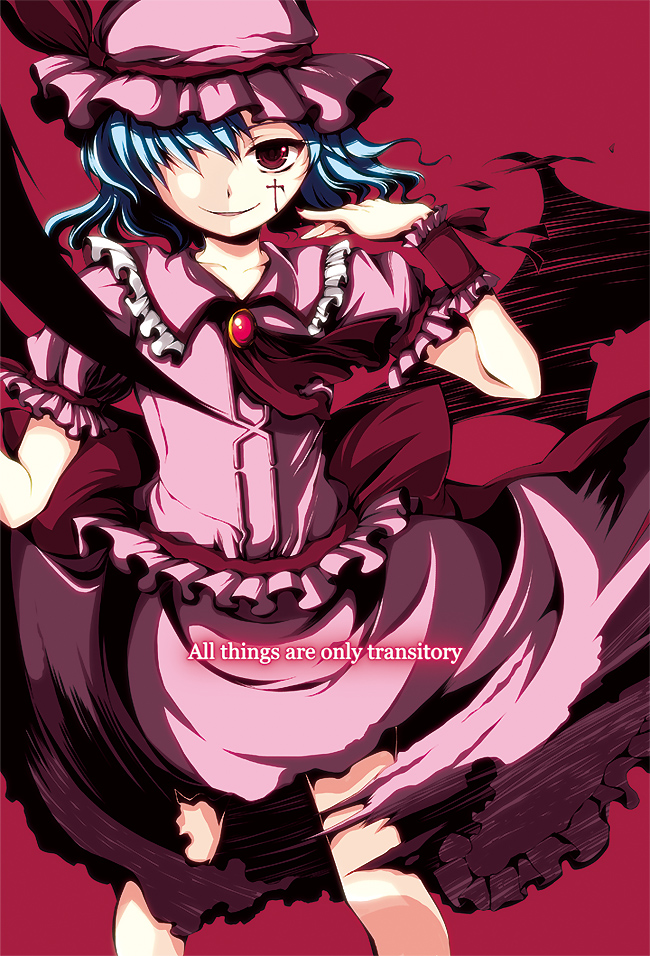 bat_wings, blue_hair, english, hat, kana1104, red_eyes, remilia_scarlet, short_hair