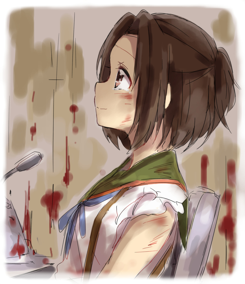 1girl, blood, brown_hair, gakkou_gurashi!, half_updo, highres, microphone, ponytail