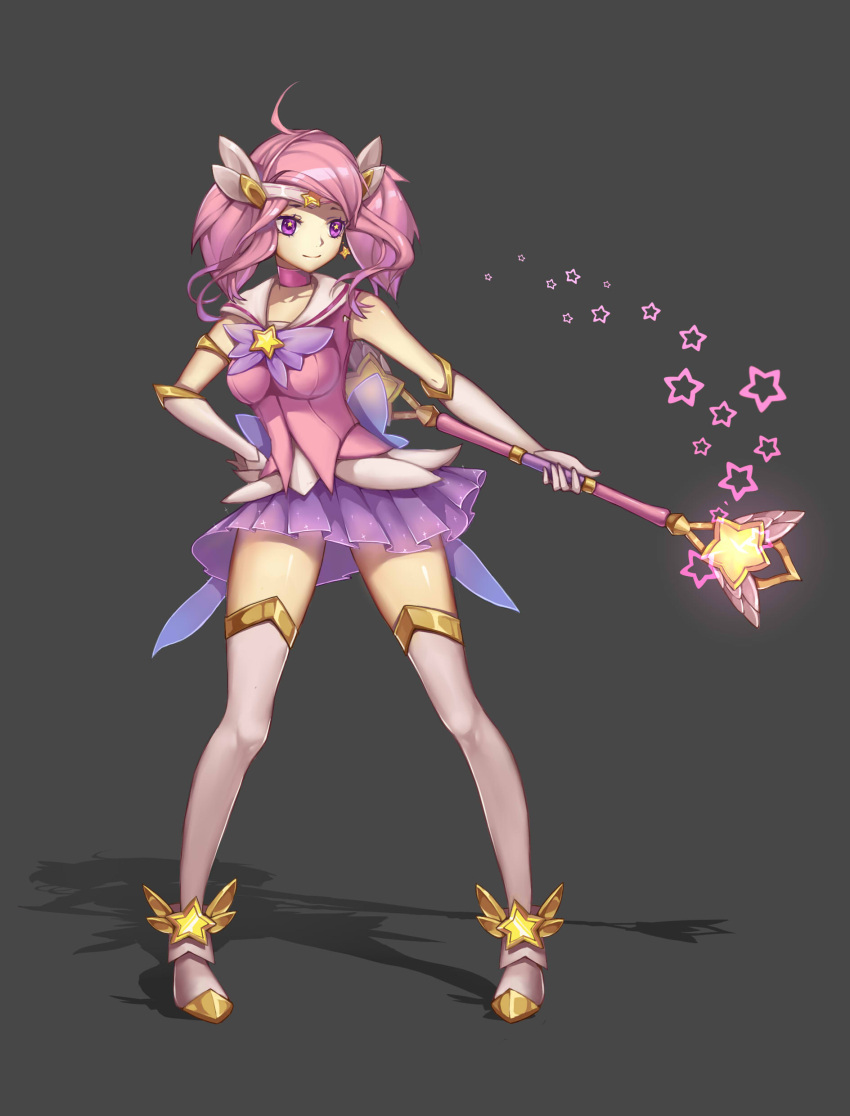 1girl, absurdres, ahoge, alternate_costume, alternate_hair_color, alternate_hairstyle, ankle_wings, bi_ge_xing, breasts, choker, earrings, elbow_gloves, full_body, gloves, grey_background, hand_on_hip, highres, jewelry, league_of_legends, luxanna_crownguard, magical_girl, pink_hair, pleated_skirt, skirt, solo, standing, star, star-shaped_pupils, star_earrings, star_guardian_lux, symbol-shaped_pupils, thigh-highs, tiara, twintails, violet_eyes, wand, white_gloves
