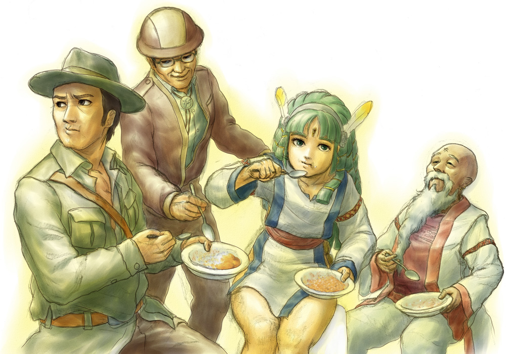 1girl, 3boys, bald, beard, belt, bowl, braid, facial_hair