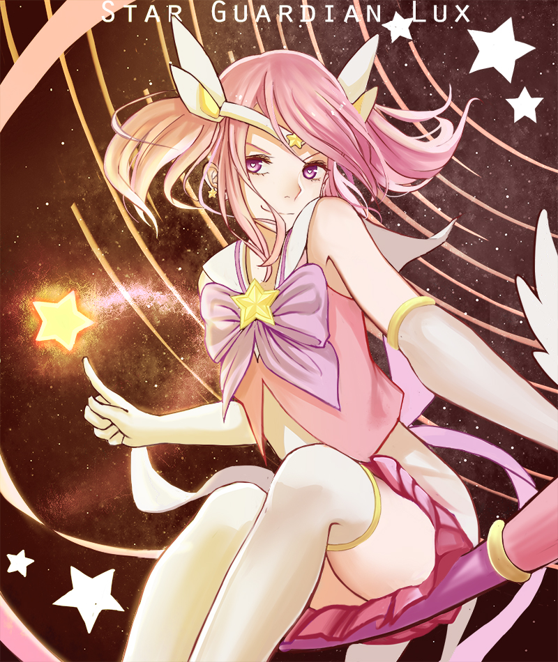 1girl, alternate_costume, alternate_hair_color, alternate_hairstyle, bow, broom, broom_riding, character_name, choker, elbow_gloves, flat_chest, gloves, heart, heart-shaped_pupils, league_of_legends, llxhh, luxanna_crownguard, magical_girl, pink_hair, sailor_collar, skirt, solo, star, star_guardian_lux, starry_background, symbol-shaped_pupils, thigh-highs, tiara, twintails, violet_eyes, wand, white_gloves, white_legwear