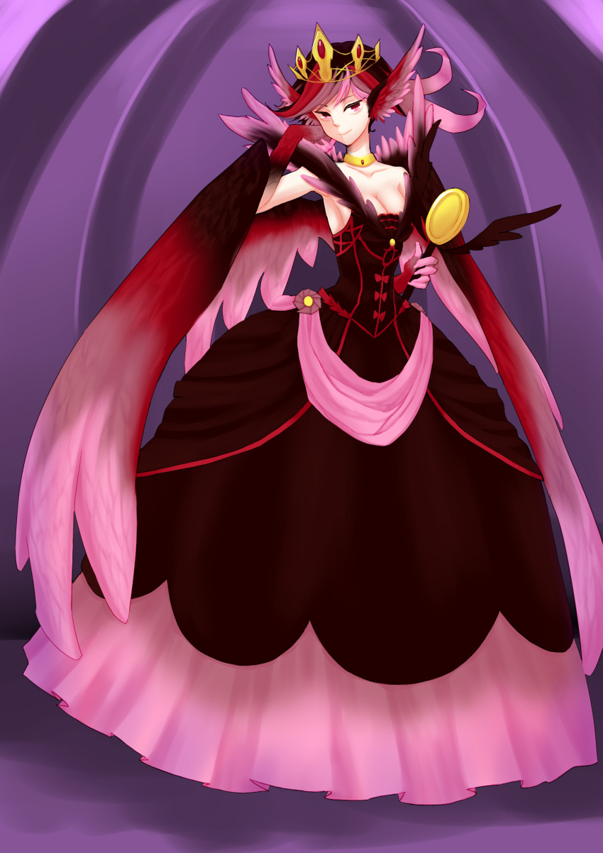 1girl, black_hair, breasts, choker, cleavage, crown, dress, gown