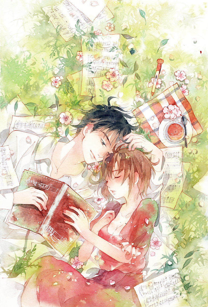 1boy, 1girl, black_hair, brown_hair, chiaki_shin'ichi, closed_eyes, couple, cup