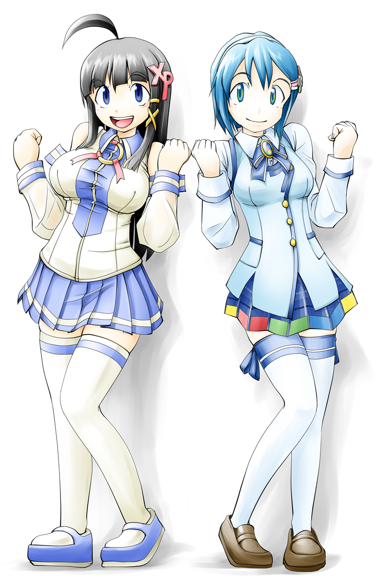 1girl, 2girls, asahi_sai, bare_shoulders, black_hair, blue_eyes, blue_hair, blue_skirt