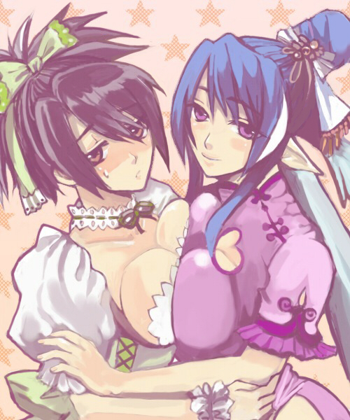 breast_press, breasts, chetore, genderswap, judith, multiple_girls, pointy_ears, raven