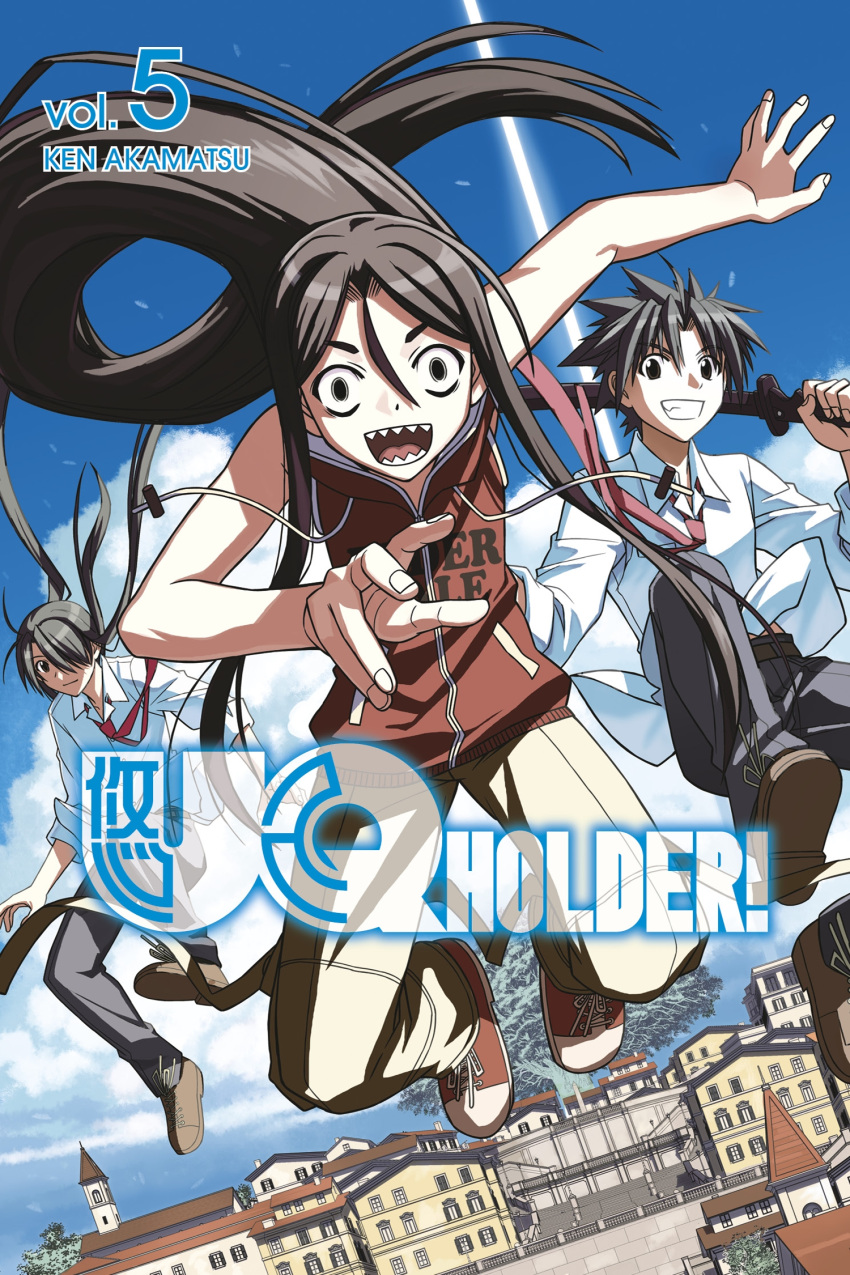 3boys, akamatsu_ken, bags_under_eyes, black_hair, blue_sky, constricted_pupils, falling, grin