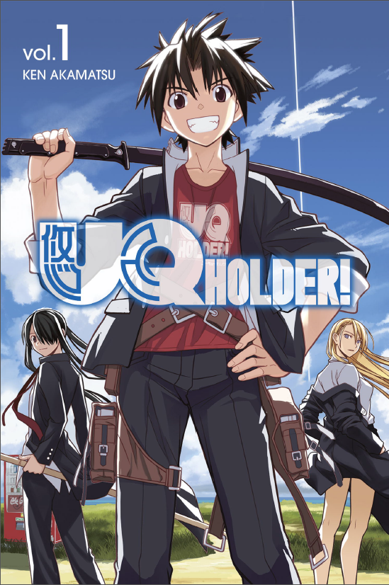 1girl, 2boys, akamatsu_ken, androgynous, black_hair, blonde_hair, blue_eyes, blue_sky