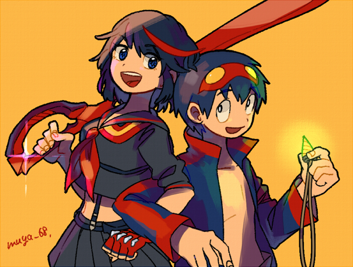 1boy, 1girl, core_drill, creator_connection, goggles, goggles_on_head, kill_la_kill, locked_arms