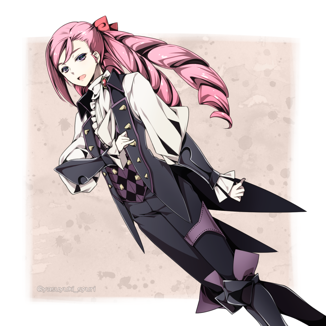1boy, curly_hair, fire_emblem, fire_emblem_if, foleo_(fire_emblem_if), long_hair, open_mouth, pink_eyes