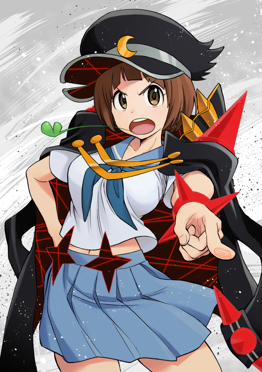 1girl, banchou, bob_cut, bobukuro, brown_eyes, brown_hair, hand_on_hip, hat