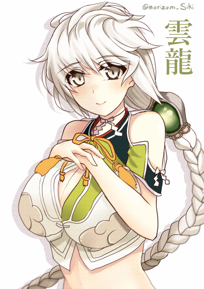 1girl, asymmetrical_hair, bare_shoulders, braid, breasts, cleavage_cutout, clock_(clockart), cloud_print