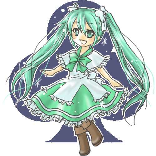 aqua_eyes, aqua_hair, boots, clubs, dress, frills, hair_ribbon, hatsune_miku