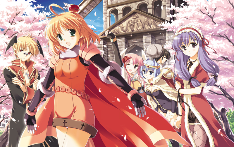apple_o_archer, armor, blonde_hair, cape, cherry_blossoms, crusader, everyone, food