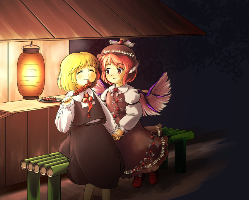2girls, ^_^, bird_wings, blonde_hair, blouse, closed_eyes, dress, eating