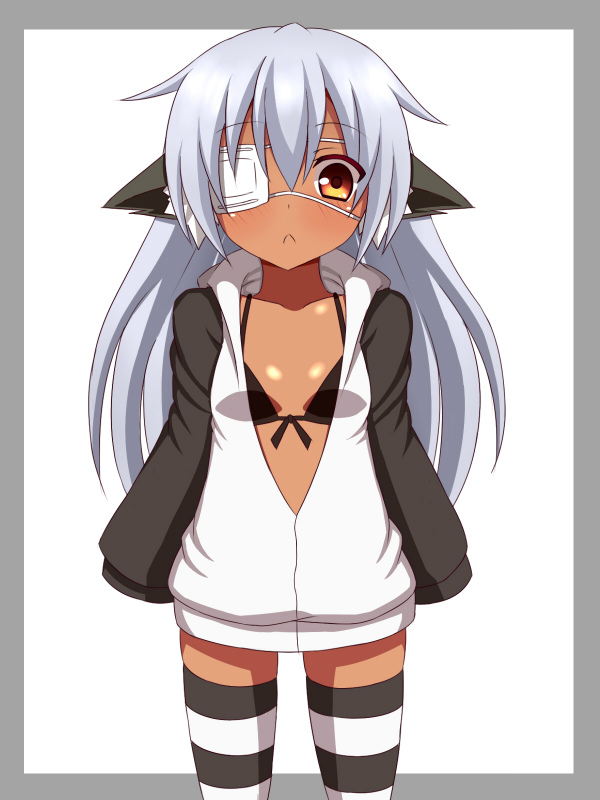1girl, animal_ears, blush, dark_skin, eyepatch, haniwagi_(hal), hifumi_(haniwagi), long_hair