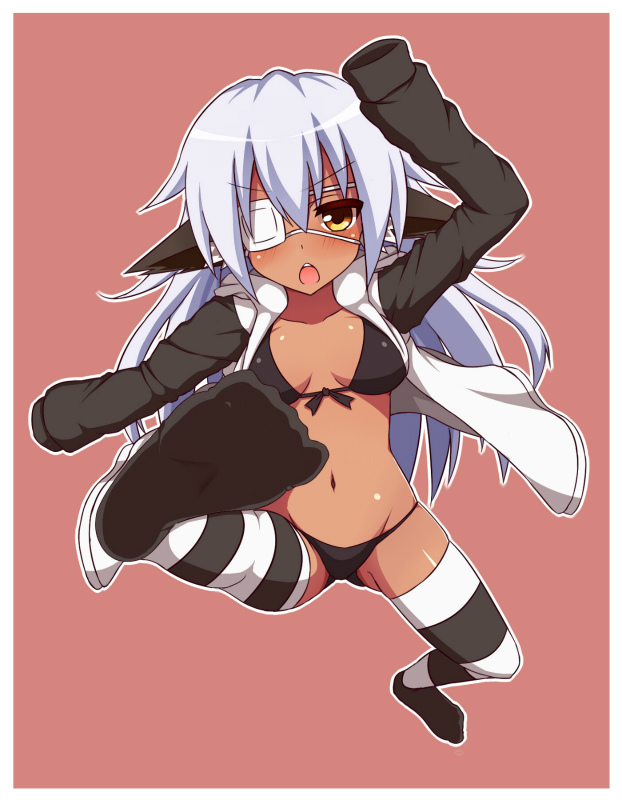 1girl, animal_ears, blush, breasts, commentary_request, dark_skin, eyepatch, haniwagi_(hal)