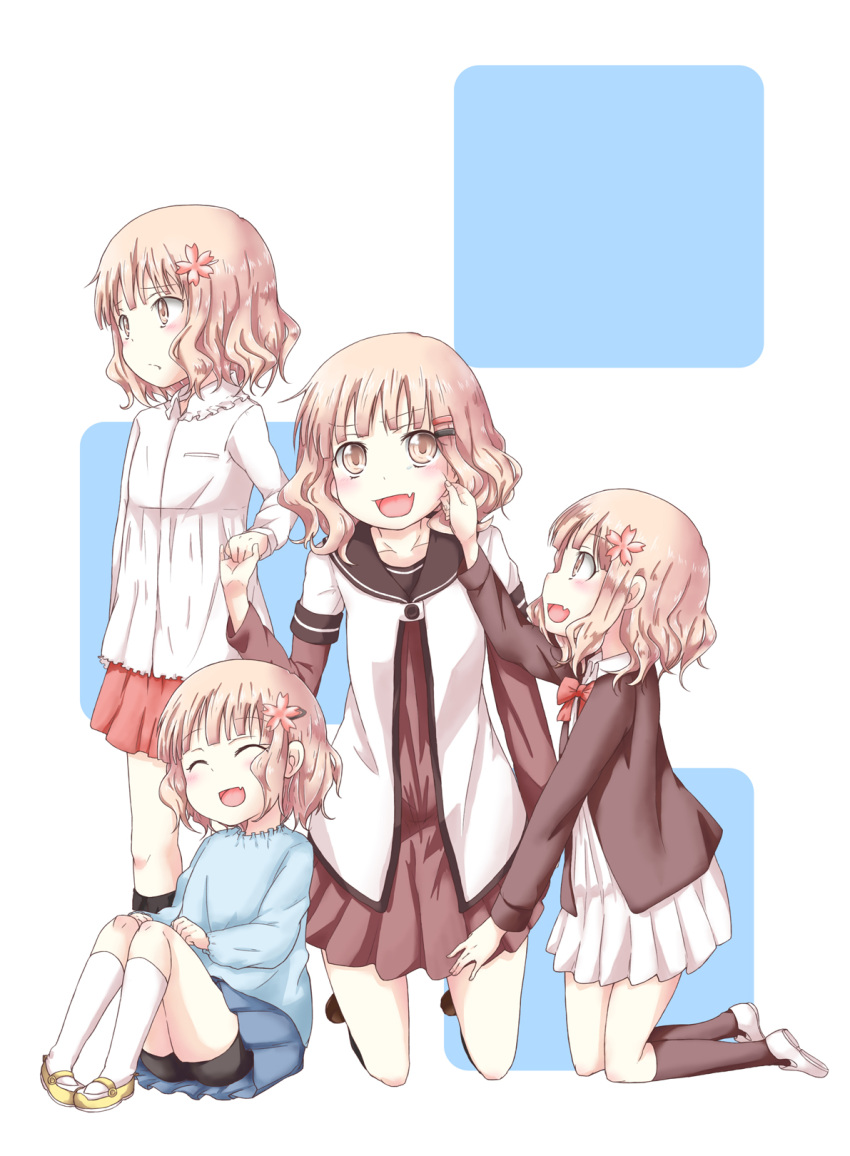 4girls, :d, ^_^, age_difference, black_legwear, blonde_hair, bowtie, brown_eyes