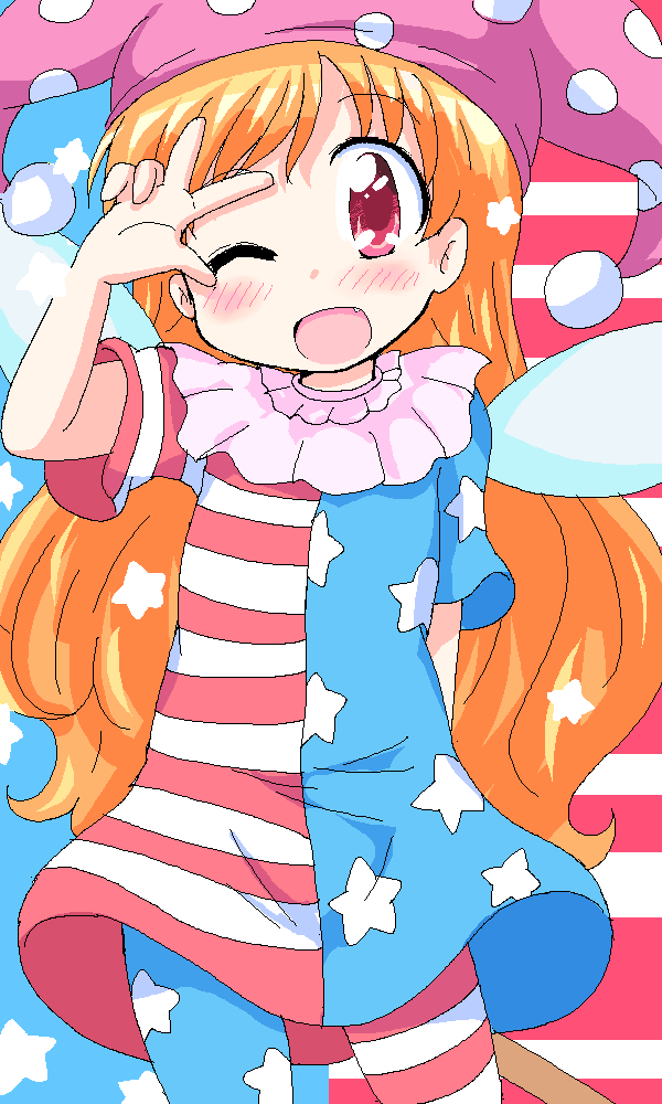 1girl, ;d, american_flag_dress, american_flag_legwear, blonde_hair, blush, clownpiece, fairy_wings