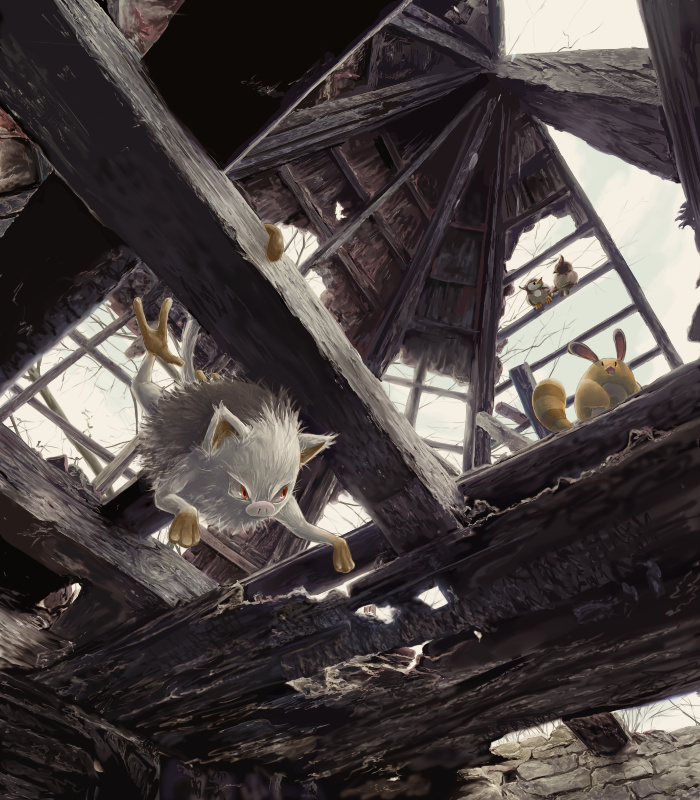 building, mankey, no_humans, old, pokemon, pokemon_(creature), pokemon_(game), pokemon_dppt
