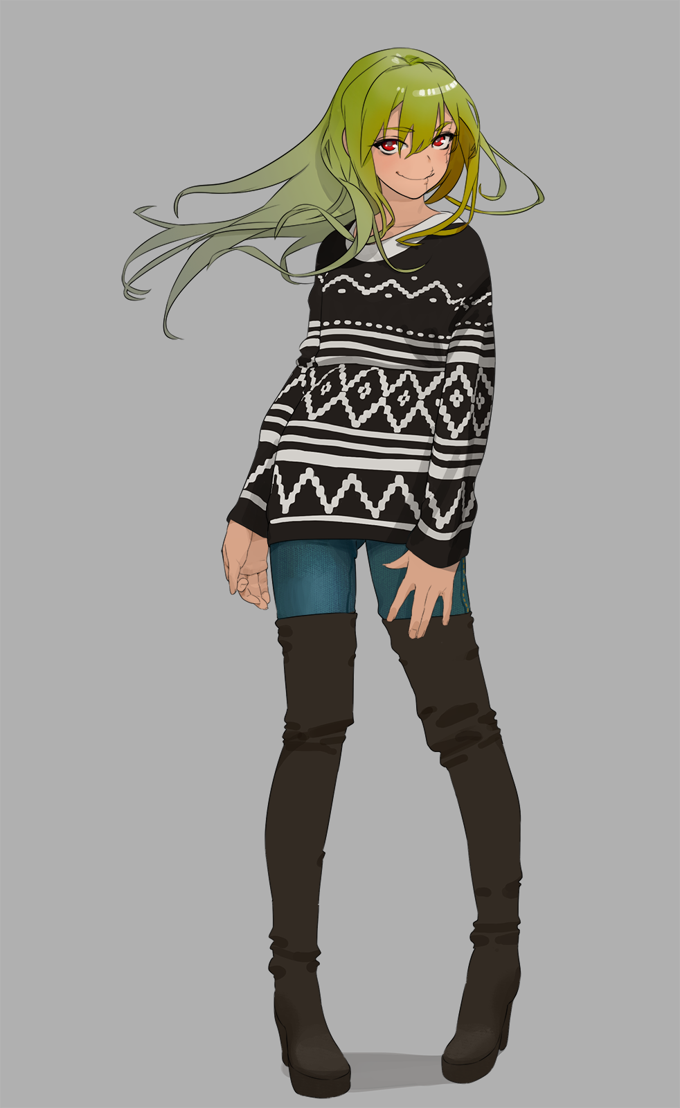 1girl, attall, boots, denim, flat_chest, full_body, green_hair, highres