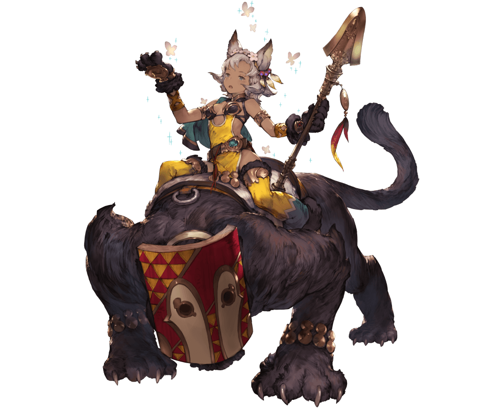 1girl, :o, animal_ears, armlet, bare_shoulders, belt, blue_eyes, butterfly, cat_ears, cat_paws, claws, comic, dark_skin, dress, feathers, flower, full_body, granblue_fantasy, grey_hair, hair_flower, hair_ornament, holding, holding_weapon, meruu_(granblue_fantasy), minaba_hideo, official_art, open_mouth, paws, pelvic_curtain, polearm, riding, short_hair, side_slit, sitting, solo, sparkle, spear, thigh-highs, transparent_background, weapon, yellow_legwear