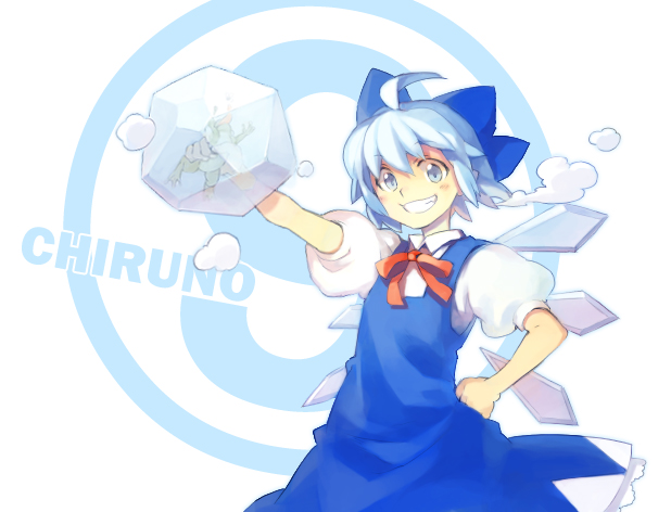 ?, ahoge, bad_id, blue_eyes, blue_hair, cirno, frog, frozen