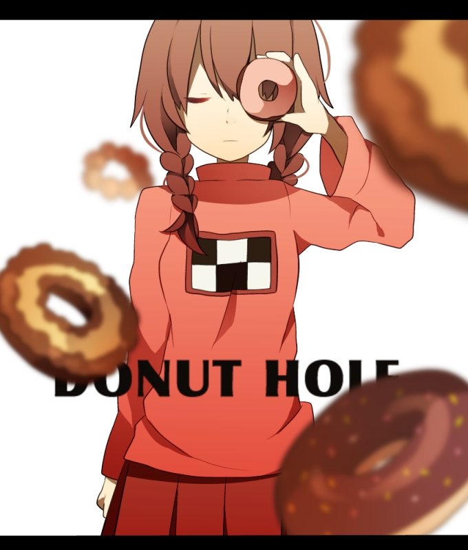 1girl, braid, brown_hair, closed_eyes, donut_hole_(vocaloid), doughnut, food, long_hair