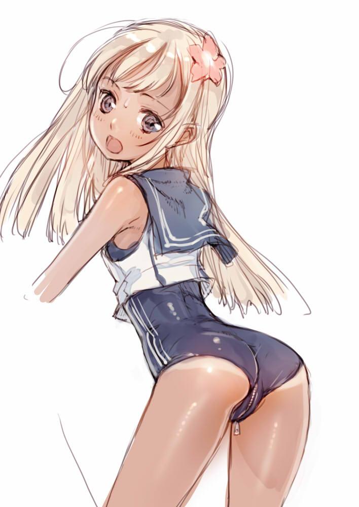 1girl, ass, blonde_hair, blue_eyes, blue_swimsuit, branch_(blackrabbits), crotch_zipper, flower