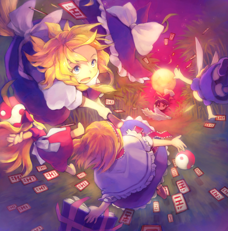 blonde_hair, blue_eyes, broom, broom_riding, danmaku, flying, hakurei_reimu, hat