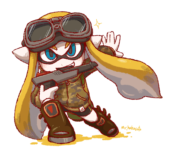 1girl, artist_name, bike_shorts, blue_eyes, boots, camouflage, goggles, goggles_on_head, hakusotorakugaki, hoodie, inkling, n-zap_'85_(splatoon), orange_hair, outstretched_arms, pointy_ears, sidelocks, simple_background, smile, sparkle, splatoon, tentacle_hair, white_background