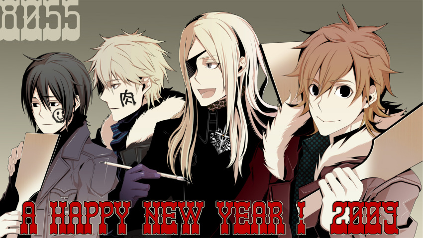 4boys, 8055, auburn_hair, black_eyes, black_hair, blonde_hair, brown_hair, calligraphy_brush