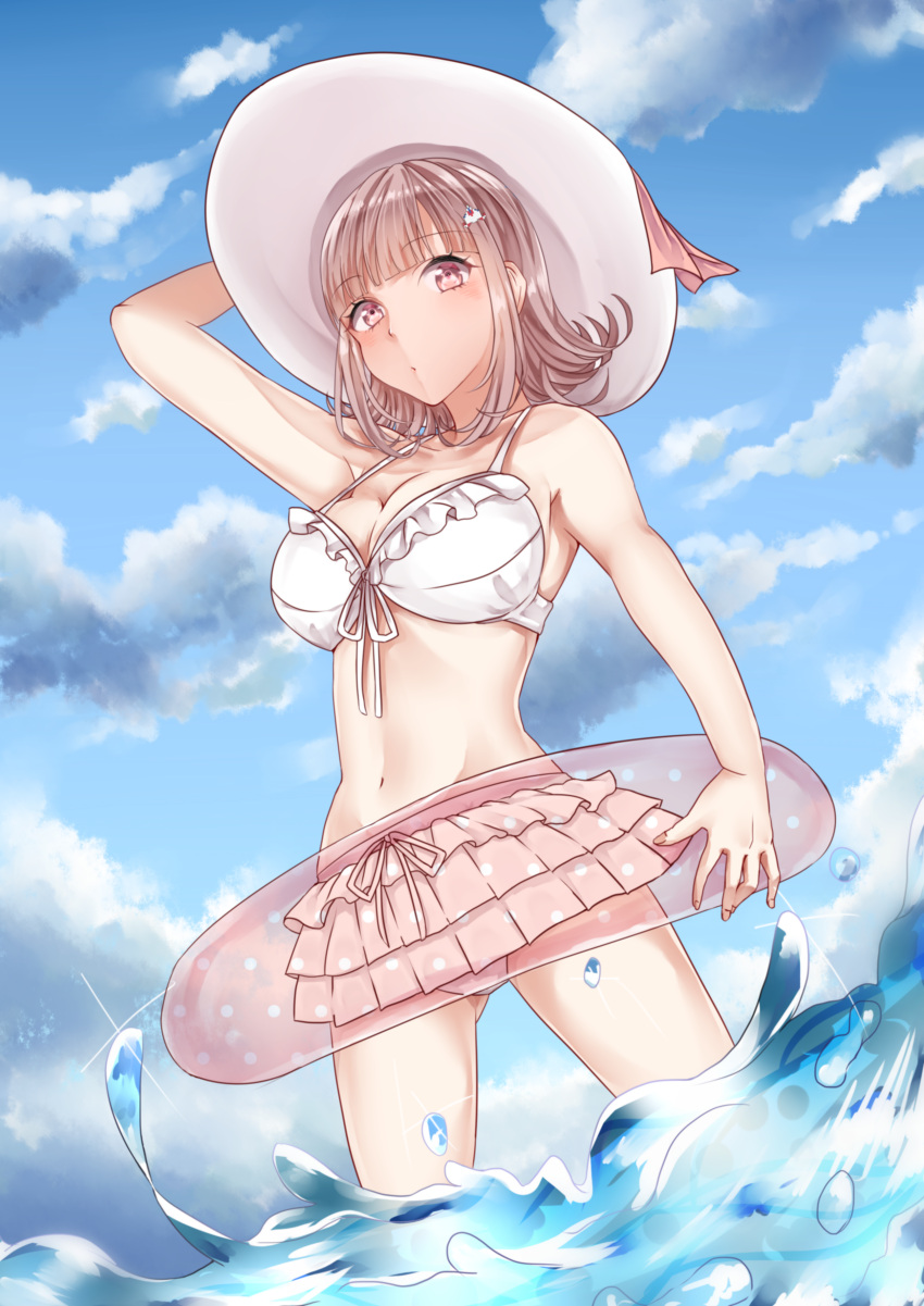 1girl, absurdres, arm_behind_head, arm_up, armpits, bikini_skirt, blush, breasts