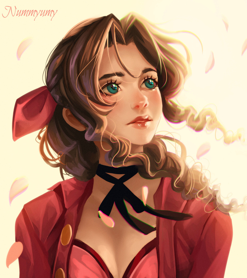 1girl, absurdres, aerith_gainsborough, artist_name, blue_eyes, brown_hair, choker, chromatic_aberration, eyelashes, final_fantasy, final_fantasy_vii, hair_ribbon, highres, light, lips, looking_away, nummyumy, petals, ribbon, solo, twintails