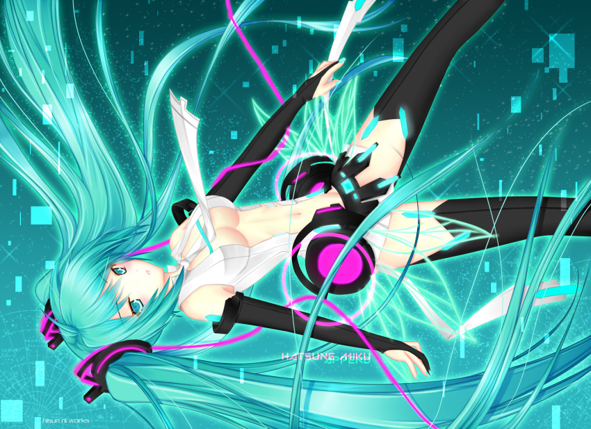 1girl, aqua_eyes, aqua_hair, artist_name, blush, breasts, bridal_gauntlets, center_opening