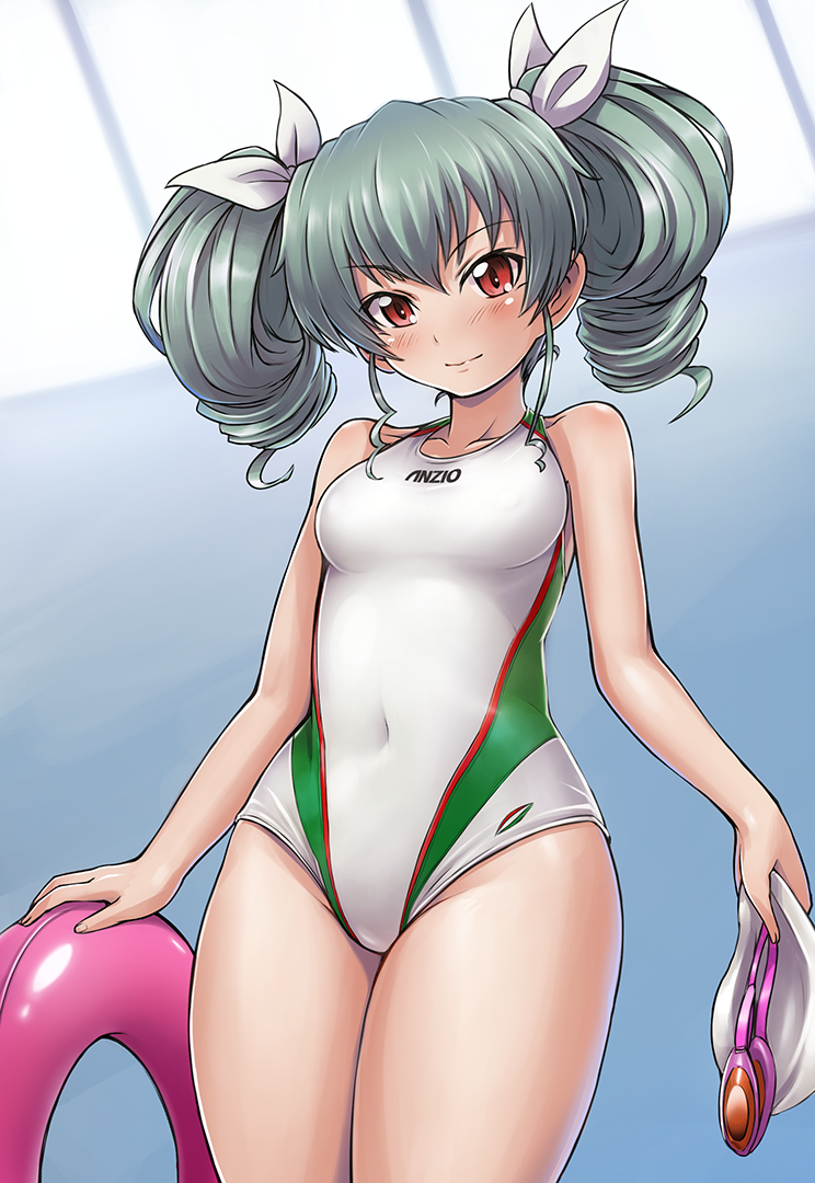 1girl, anchovy, girls_und_panzer, goggles, goggles_removed, grey_hair, innertube, long_hair