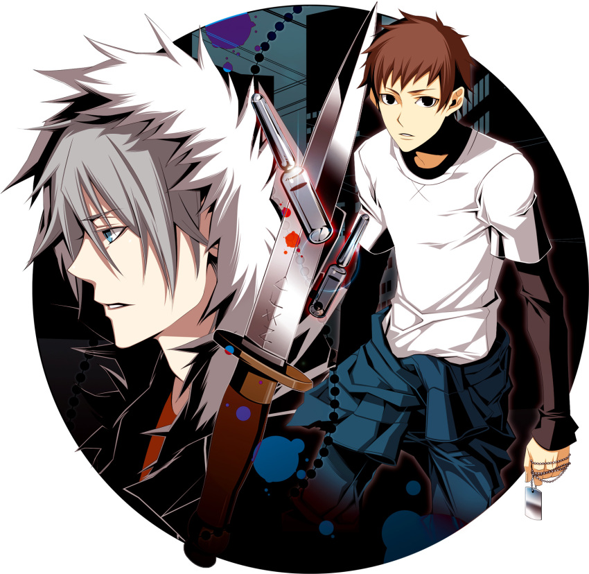 akira_(togainu_no_chi), black_eyes, blue_eyes, brown_hair, coat, dagger, dog_tags, dogtags