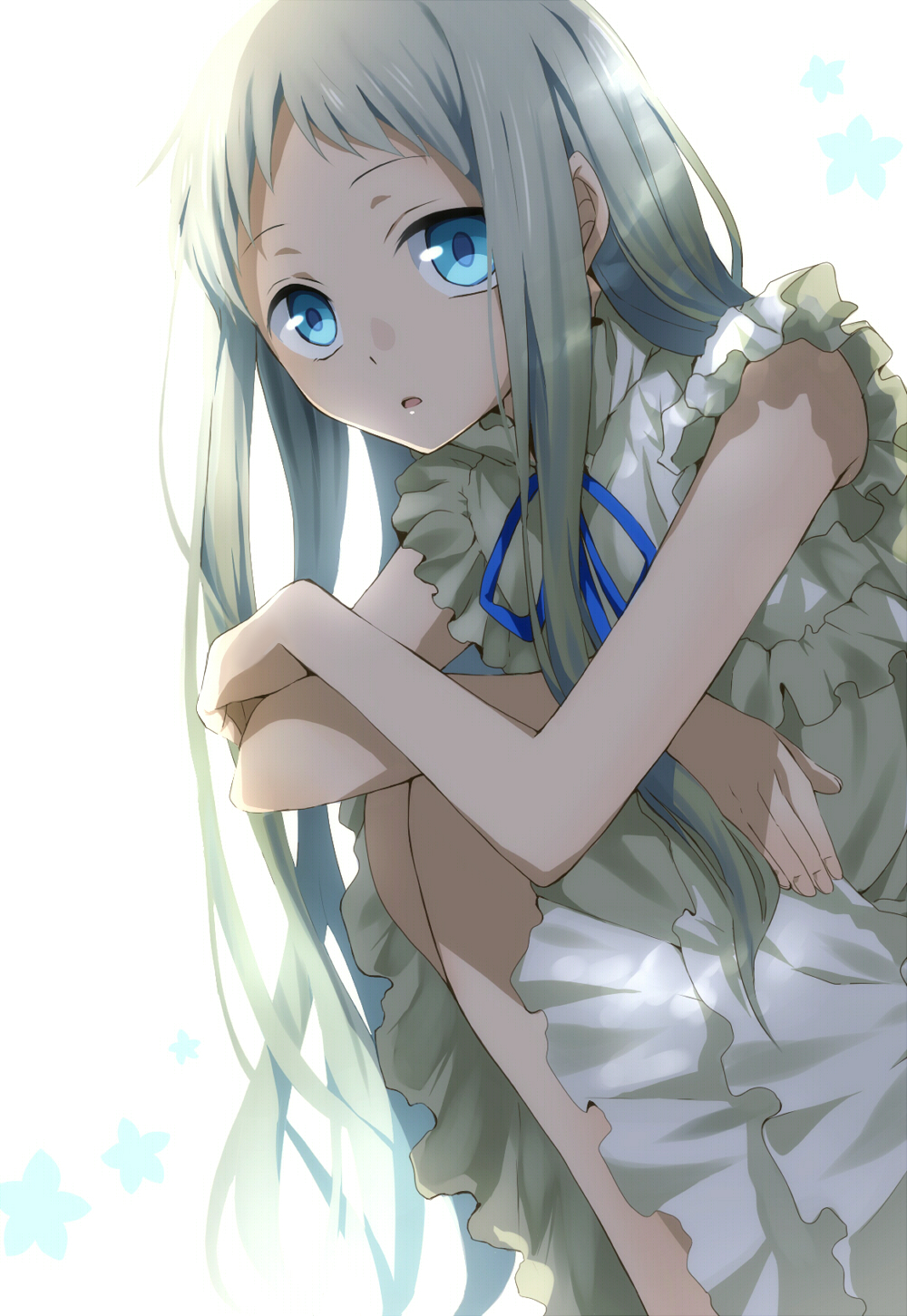 1girl, ano_hi_mita_hana_no_namae_wo_bokutachi_wa_mada_shiranai., blue_eyes, dress, highres, honma_meiko, long_hair, setoo0115, silver_hair, squatting