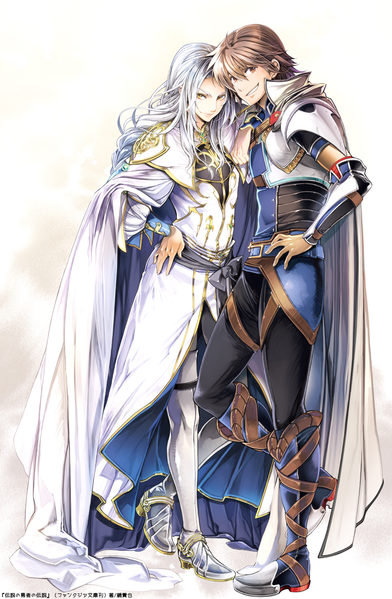 2boys, brown_eyes, brown_hair, cape, densetsu_no_yuusha_no_densetsu, long_hair, multiple_boys, official_art